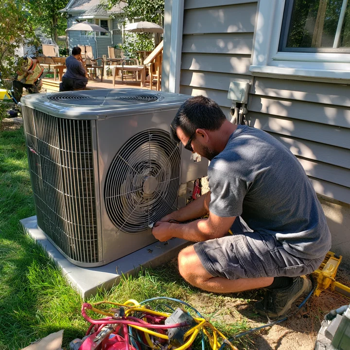 Technician working on an outdoor air conditioning condenser beside a house