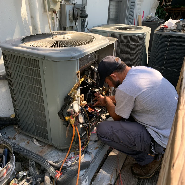 Technician inspecting components inside an outdoor condenser cabinet
