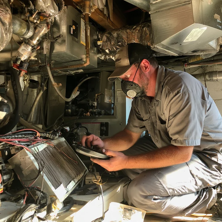 Technician inspecting indoor HVAC equipment and ductwork with a tablet
