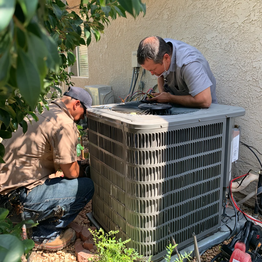 Two technicians inspecting an outdoor air conditioning condenser